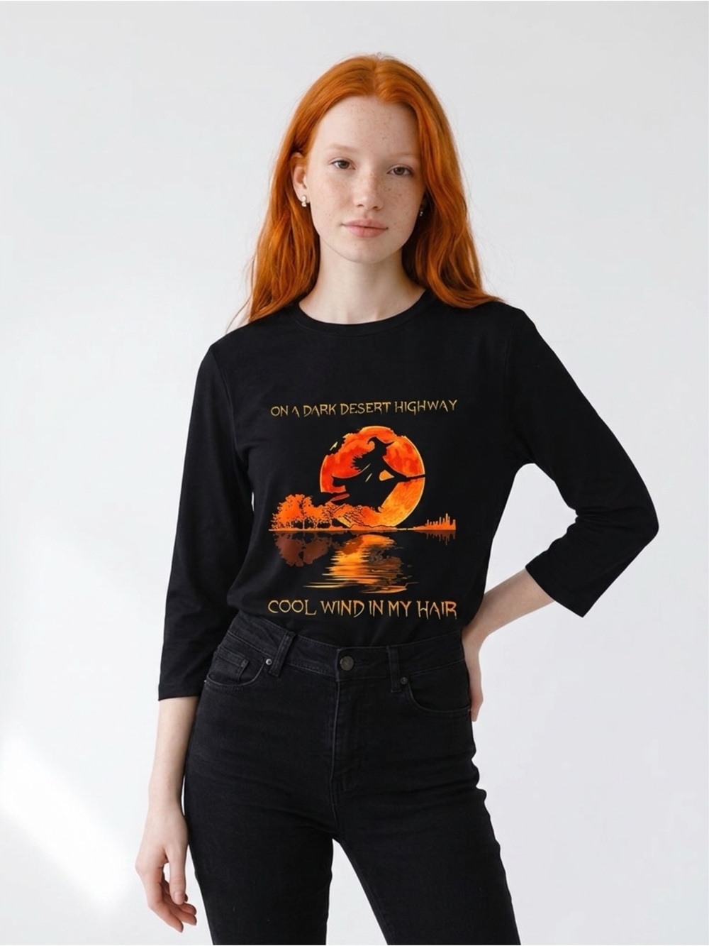 Black Graphic Long Sleeve Tee with Orange Moon Motif